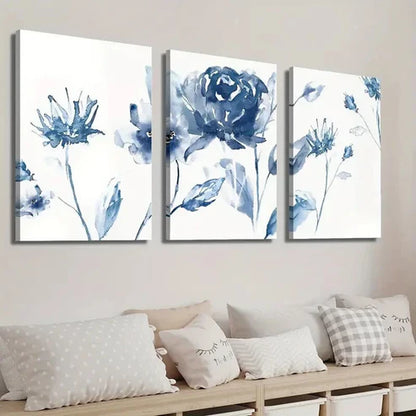 3pcs Elegant and Simple Blue Flowers Wall Art Set Canvas Unframed - High Quality Print 100% Australian Made Wall Canvas