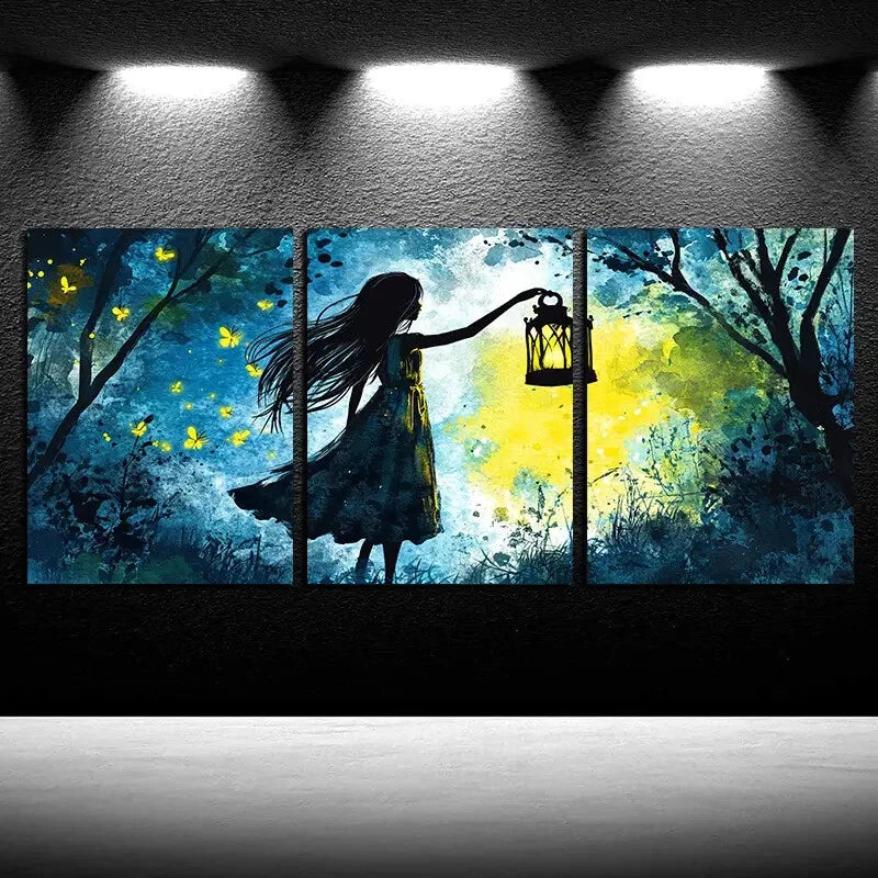 3pcs Enchanted Forest & Lantern Girl Metal Print Ready to Hang Art - Bella Home Decor
