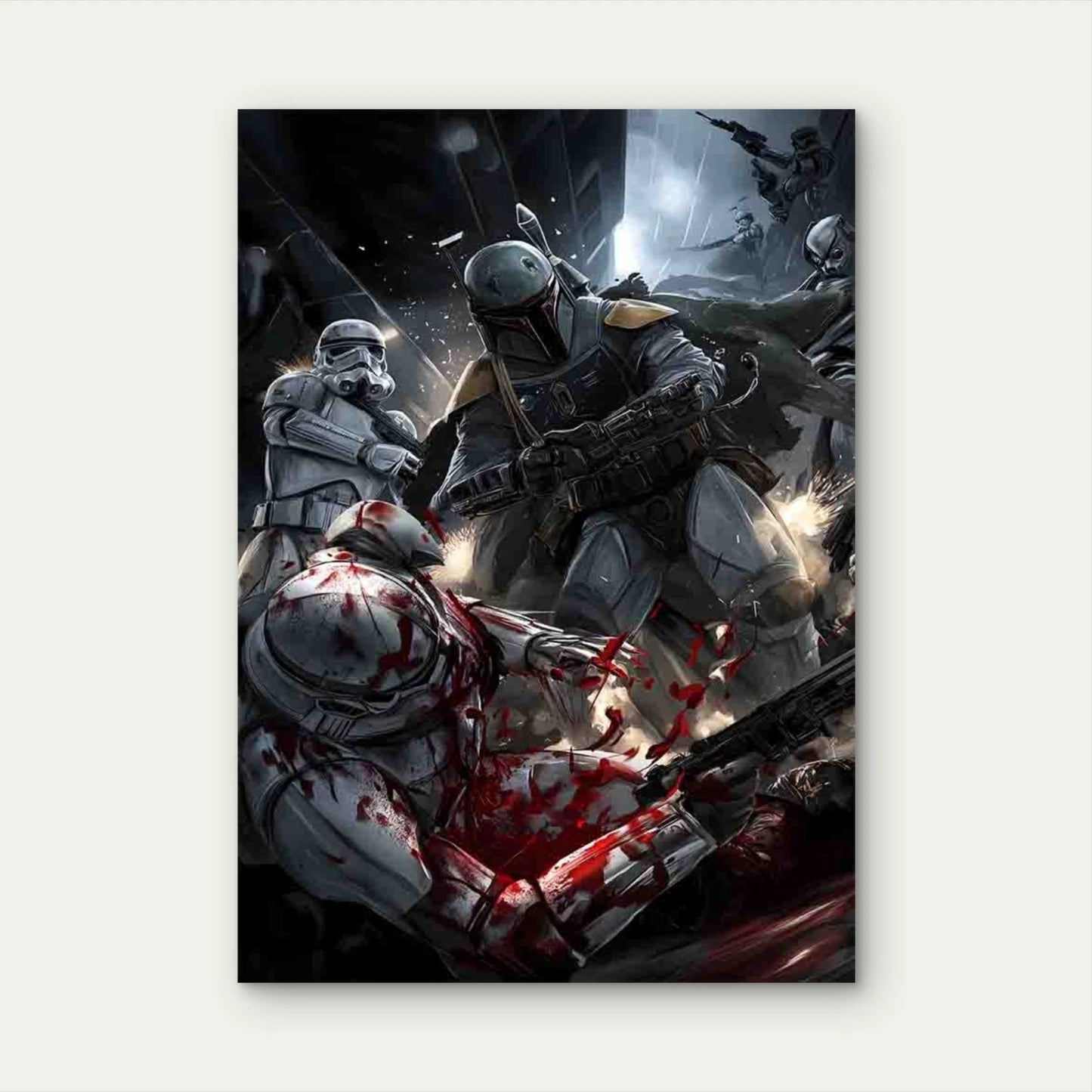 Armored Bounty Hunter Leading Assault 40x60cm Metal Print Ready to Hang - Bella Home Decor