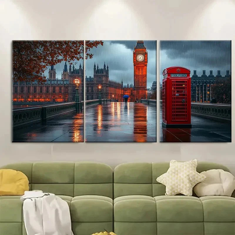 3pcs Rainy Big Ben and Red Phone Box UI  Wall Art Set Canvas Framed 40x60cm - High Quality Print 100% Australian Made Wall Canvas Ready to Hang - Bella Home Decor
