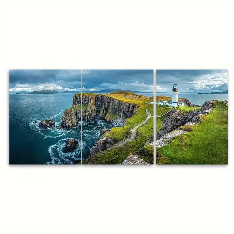 3pcs Neist Point Lighthouse Coastal Wall Art Set Canvas Framed 40x60cm - High Quality Print 100% Australian Made Wall Canvas Ready to Hang