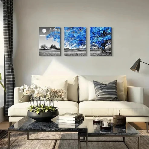 3pcs Blue Tree Moon Landscape with Vibrant Blue Hues Wall Art Set Canvas Unframed - High Quality Print 100% Australian Made Wall Canvas