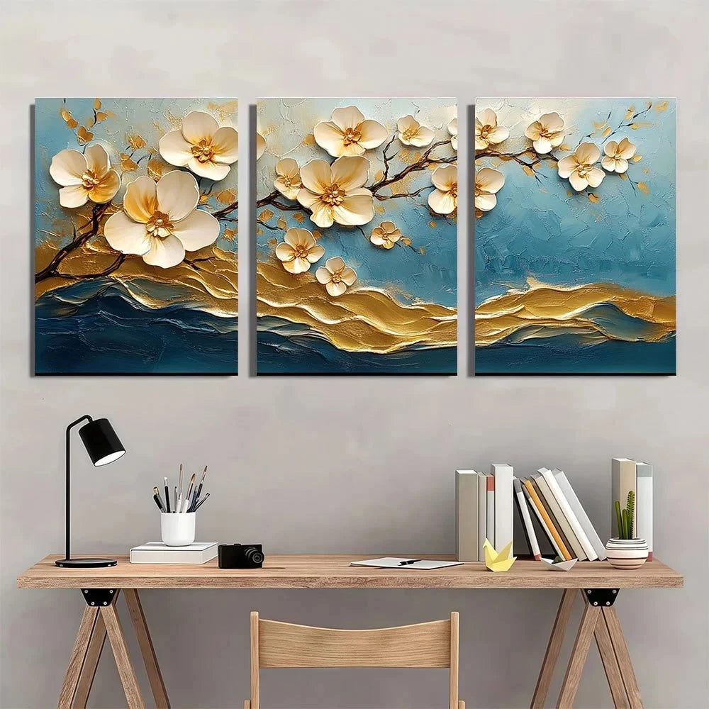 3pcs Modern Abstract Golden White Oil Painting Metal Print Ready to Hang Art - Bella Home Decor