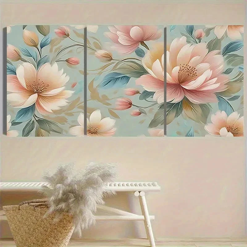 3pcs Pastel Floral Pattern Art Print Wall Art Set Canvas Framed 50x70cm - High Quality Print 100% Australian Made Wall Canvas Ready to Hang