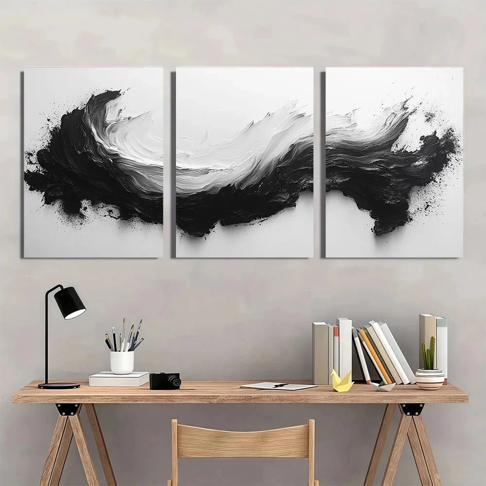 3pcs Black and White Abstract Metal Print Ready to Hang Art - Bella Home Decor