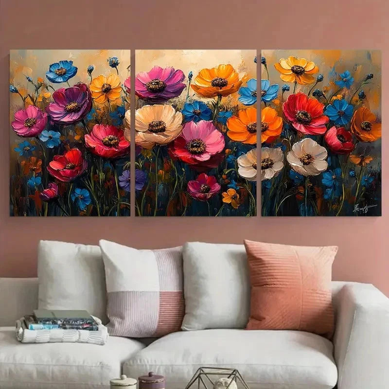 3pcs Vibrant Summer Floral Illustration Wall Art Set Canvas Framed 40x60cm - High Quality Print 100% Australian Made Wall Canvas Ready to Hang