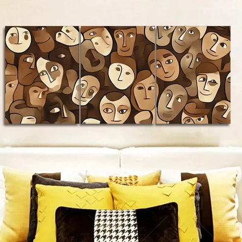 3pcs Modern Brown and Beige Faces Wall Art Set Canvas Unframed - High Quality Print 100% Australian Made Wall Canvas