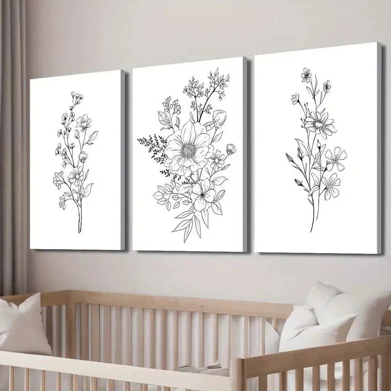 3pcs Black and White Botanical Floral Theme Wall Art Set Canvas Framed 60x90cm - High Quality Print 100% Australian Made Wall Canvas Ready to Hang