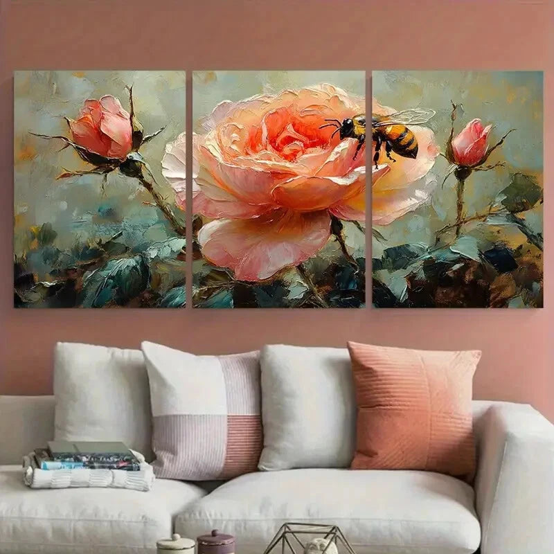 3pcs Vibrant Rose Flowers with Honeybee Design Metal Print Ready to Hang Art - Bella Home Decor