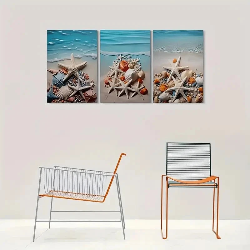 3pcs Beach Theme Starfish and Seashell Metal Print Ready to Hang Art - Bella Home Decor