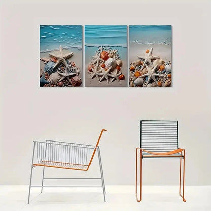 3pcs Beach Theme Starfish and Seashell Metal Print Ready to Hang Art - Bella Home Decor