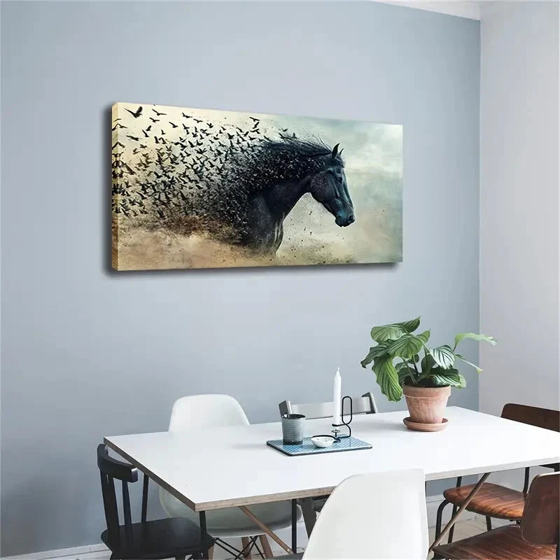 Majestic Horse Bird Feather Wall Art Canvas Office Home Room Framed 120x60cm - Bella Home Decor