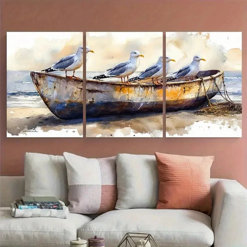 3pcs Seagulls on Old Fishing Boat Metal Print Ready to Hang Art - Bella Home Decor