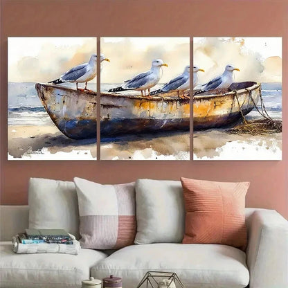 3pcs Seagulls on Old Fishing Boat Metal Print Ready to Hang Art - Bella Home Decor