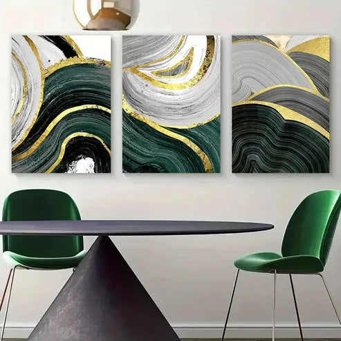3pcs Gold Green Marble Line Canvas Framed 60x90cm - High Quality Print 100% Australian Made Wall Canvas Ready to Hang - Bella Home Decor