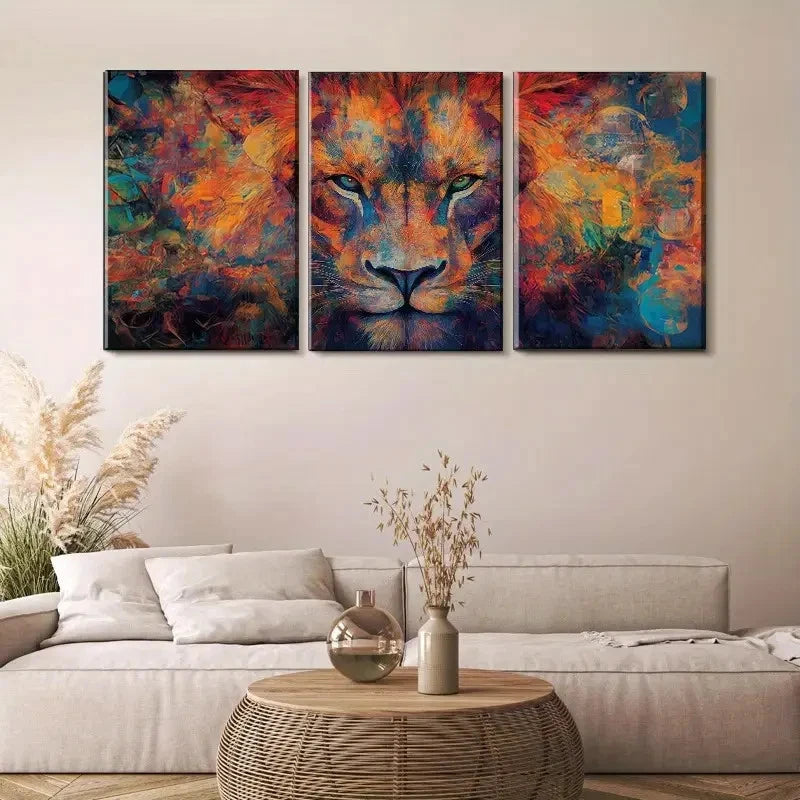 3pcs Dynamic Three-Sided Colorful Lion Portrait Metal Print Ready to Hang Art - Bella Home Decor