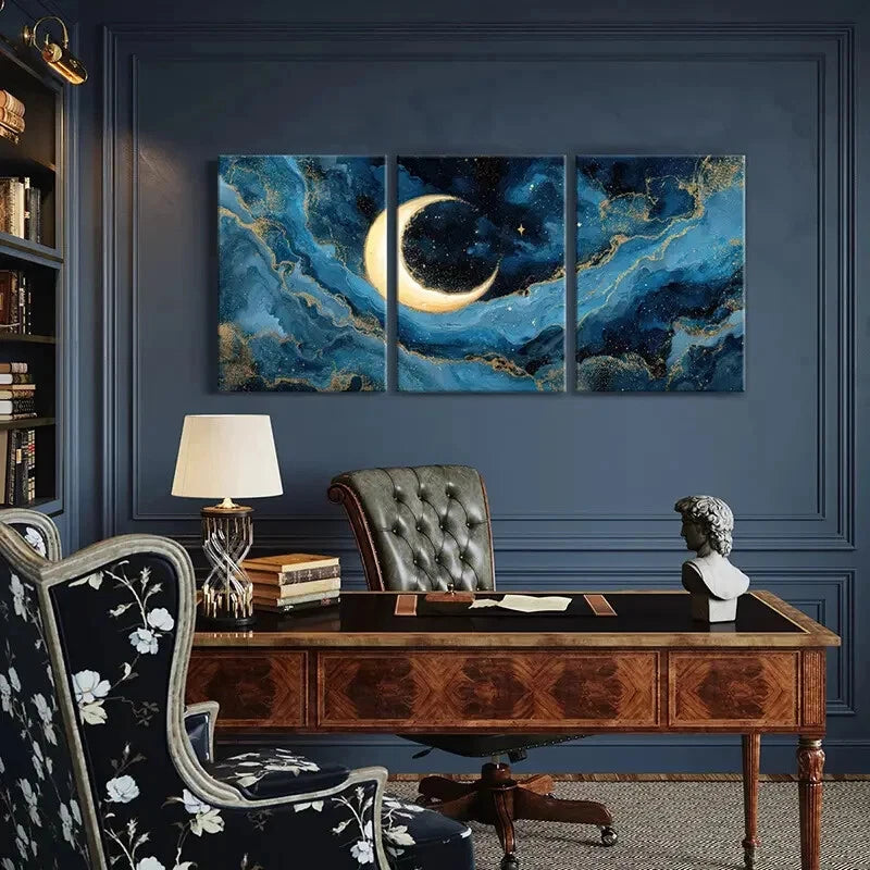 3pcs Moonlit Night Sky Celestial Art Abstract Metal Print Ready to Hang Art - Bella Home Decor