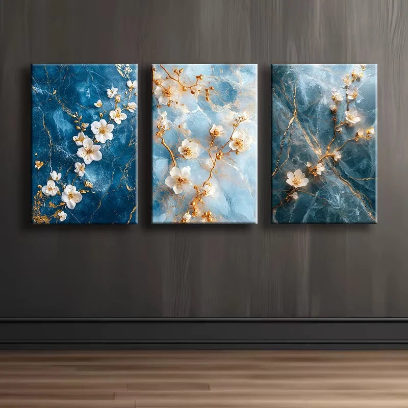 3pcs Blue, White & Golden Flowers Wall Art Set Canvas Framed 50x70cm - High Quality Print 100% Australian Made Wall Canvas Ready to Hang - Bella Home Decor