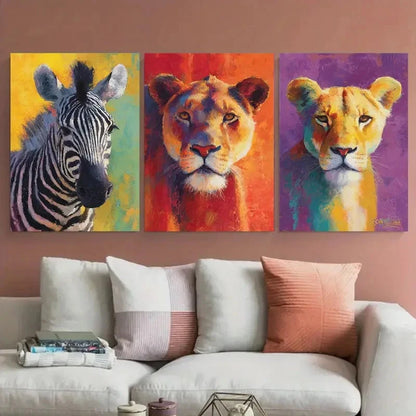 3pcs Lion and Zebra Vibrant Illustration Wall Art Set Canvas Framed 50x70cm - High Quality Print 100% Australian Made Wall Canvas Ready to Hang