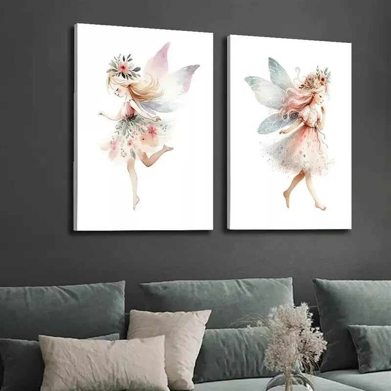 2pcs Painting, Whimsical Little Fairy Watercolor Canvas Framed 50x75cm - High Quality Print 100% Australian Made Wall Canvas Ready to Hang - Bella Home Decor