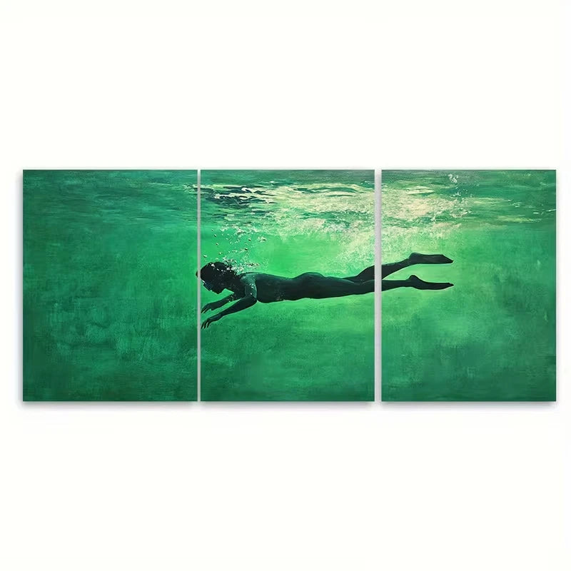 3pcs Swimming In Green Abstract Painting, Metal Print Ready to Hang Art