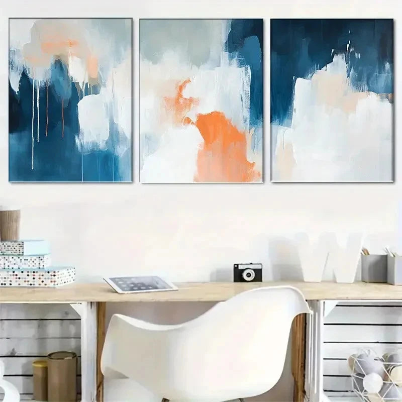 3pcs Abstract Blue Orange & White Metal Print Ready to Hang Art - Bella Home Decor