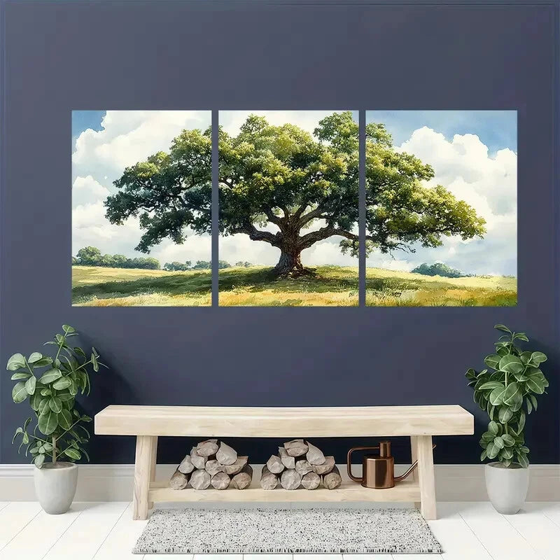 3pcs Oak Tree Watercolor Print Green Tree Metal Print Ready to Hang Art - Bella Home Decor