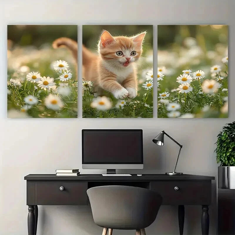 3pcs Excited Kitten Daisies Illustration Metal Print Ready to Hang Art - Bella Home Decor