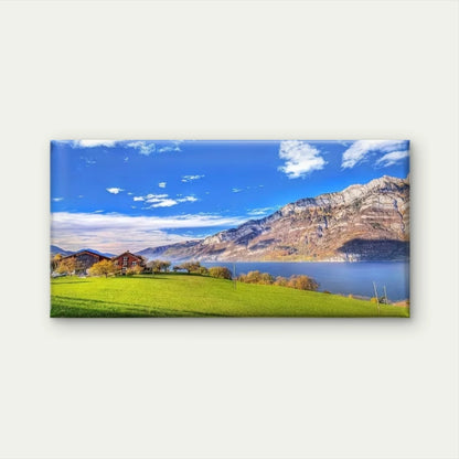 Lakeside House with Mountains Wall Art Canvas Office Home Room Framed 120x60cm