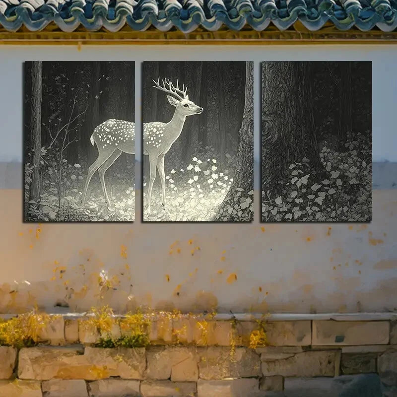 3pcs Glowing Elk in the forest Metal Print Ready to Hang Art