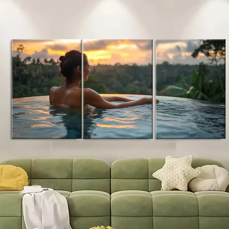 3pcs Happy Woman Relaxing with Jungle View Metal Print Ready to Hang Art
