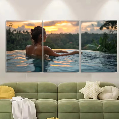 3pcs Happy Woman Relaxing with Jungle View Metal Print Ready to Hang Art