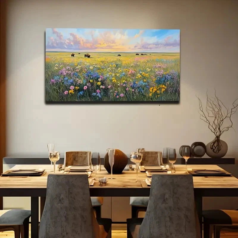 Vibrant Blue Sky & Wildflower Wall Art Canvas Office Home Room Framed 120x60cm