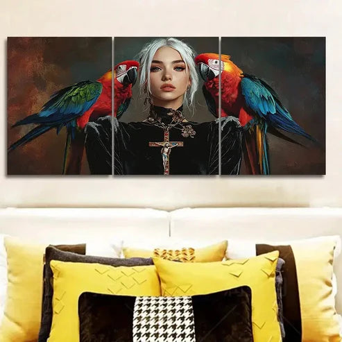 3pcs Colorful Parrots And Girls Wall Art Set Canvas Unframed - High Quality Print 100% Australian Made Wall Canvas - Bella Home Decor