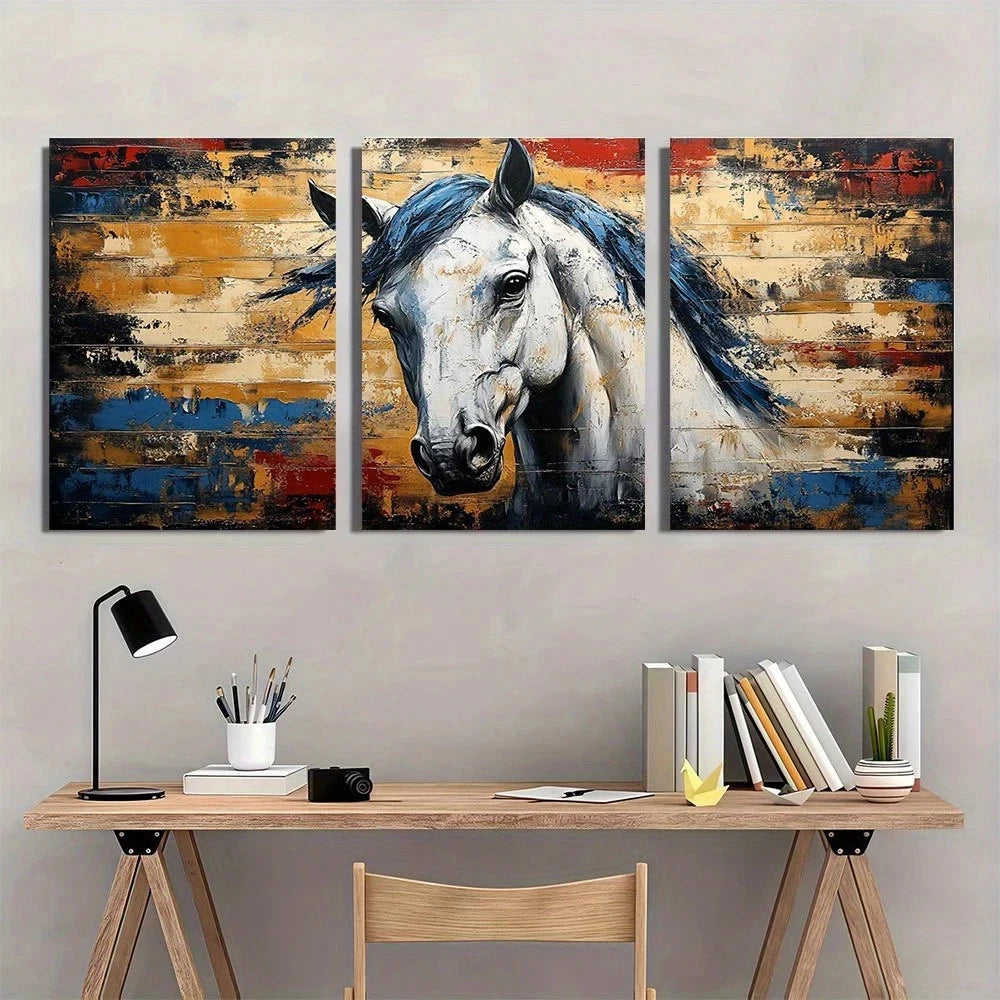 3pcs Vintage Abstract Horse Modern Metal Print Ready to Hang Art - Bella Home Decor