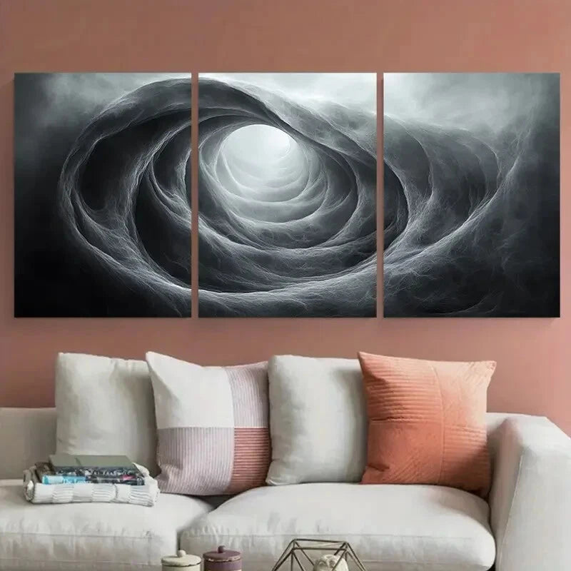 3pcs Monochrome Abstract Circular Modern Swirling Metal Print Ready to Hang Art - Bella Home Decor