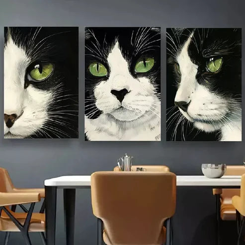 3pcs Black and White Cat Artwork Wall Art Canvas Unframed - High Quality Print 100% Australian Made Wall Canvas - Bella Home Decor