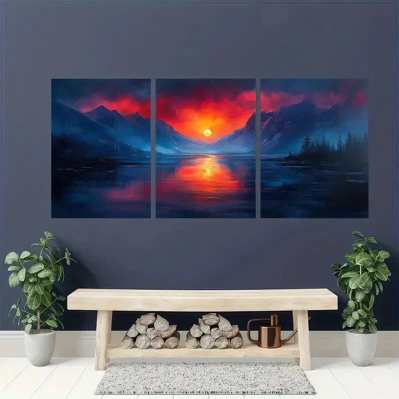 3pcs Vibrant Sunset & Mountain Landscape Scenery Metal Print Ready to Hang Art - Bella Home Decor