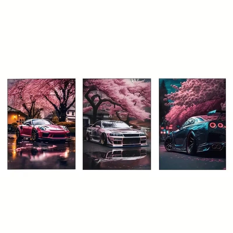 3pcs Cherry Tree Porsche 911 & Sky line GTR  Wall Art Set Canvas Framed 60x90cm - High Quality Print 100% Australian Made Wall Canvas Ready to Hang - Bella Home Decor