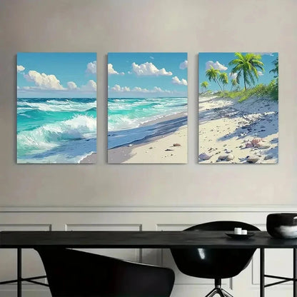 3pcs Beach with White Sand and Palm Trees Metal Print Ready to Hang Art - Bella Home Decor
