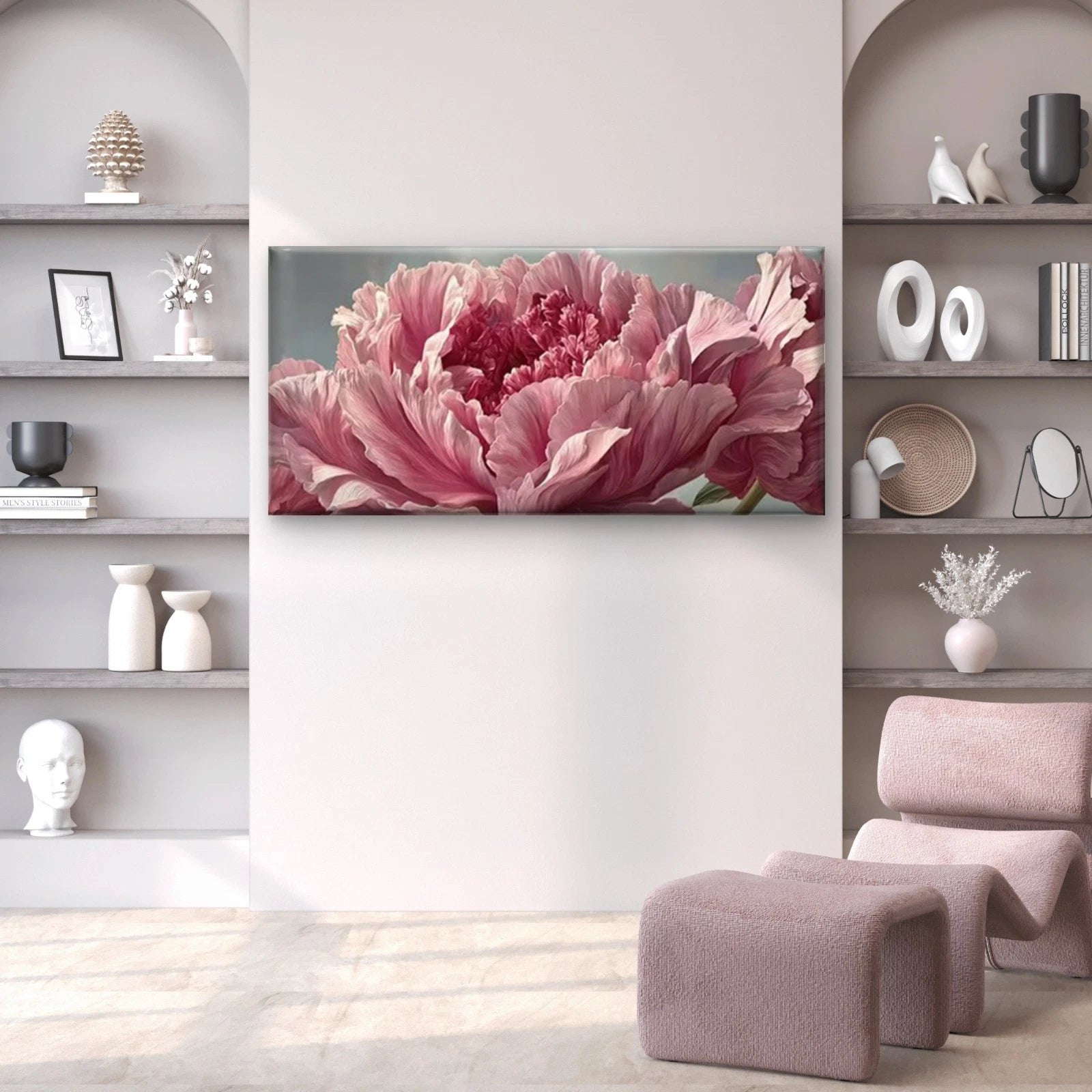 Pink Flowers on Beige Background Wall Art Canvas Office Home Room Framed 120x60cm - Bella Home Decor