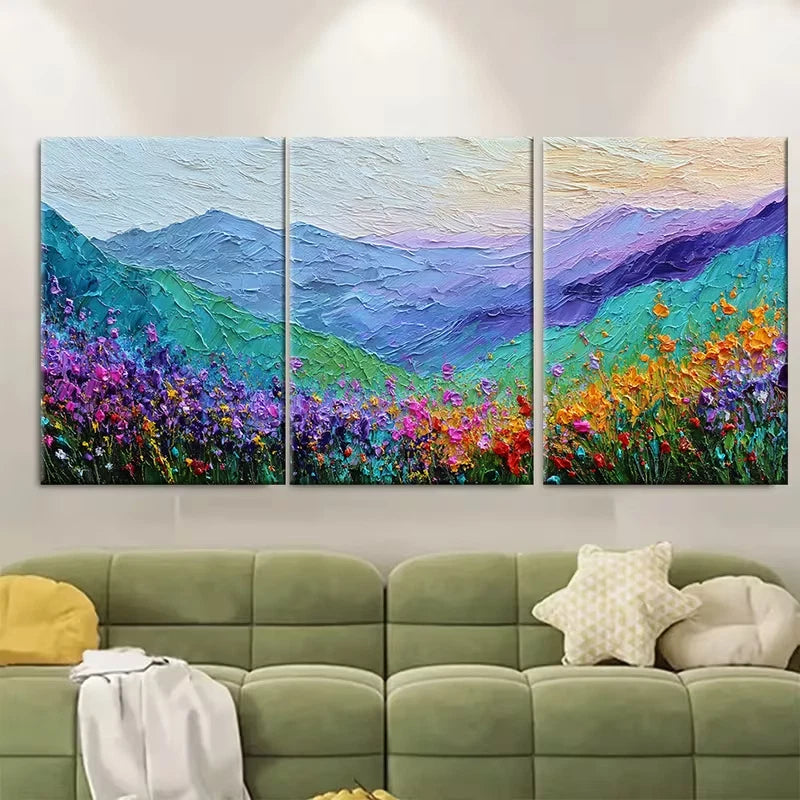 3pcs Sunrise Mountain Wildflower Field Metal Print Ready to Hang Art