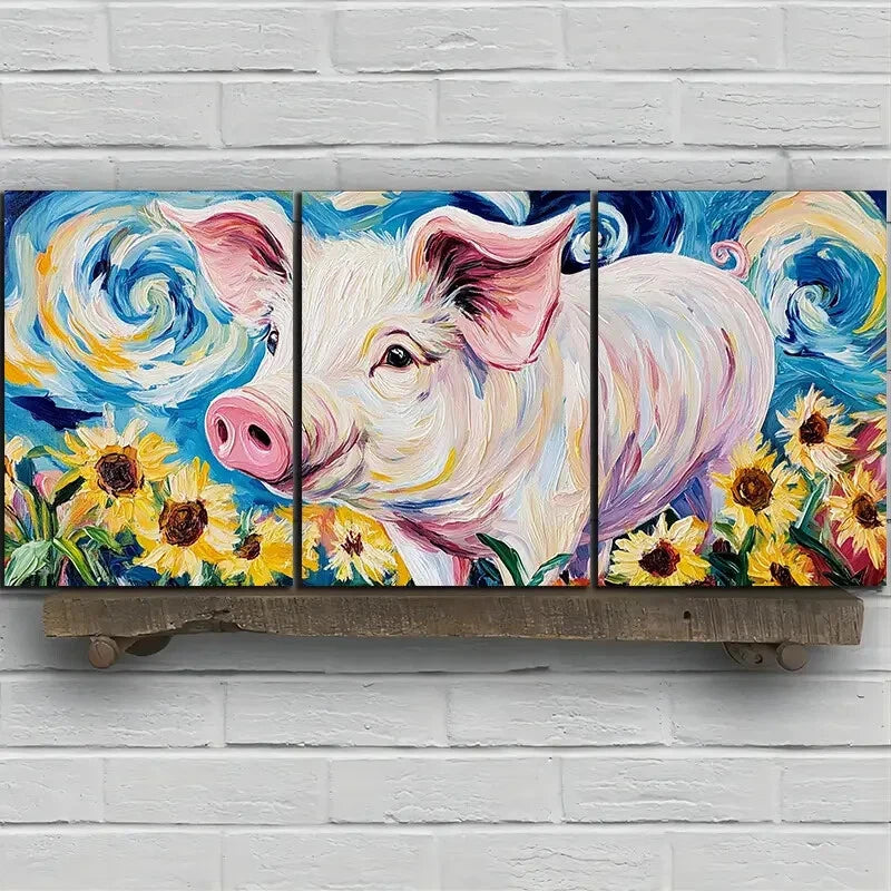 3pcs Pigs in The Fields Colourful Oil Painting Metal Print Ready to Hang Art - Bella Home Decor