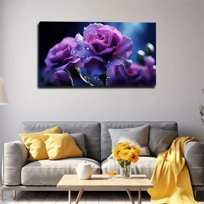 Vibrant Blue & Purple Rose Wall Art Canvas Office Home Room Framed 120x60cm