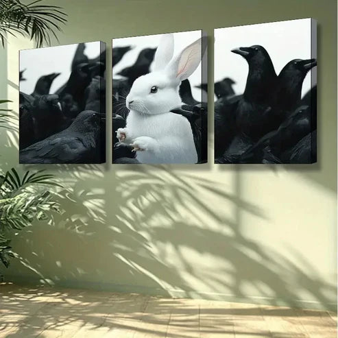 3pcs White Rabbit, Crow Animal Wall Art Set Canvas Unframed - High Quality Print 100% Australian Made Wall Canvas