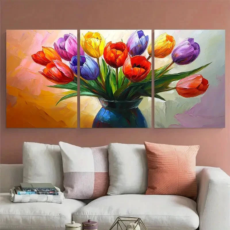 3pcs Vibrant Tulips in Blue Vase Illustration Metal Print Ready to Hang Art - Bella Home Decor