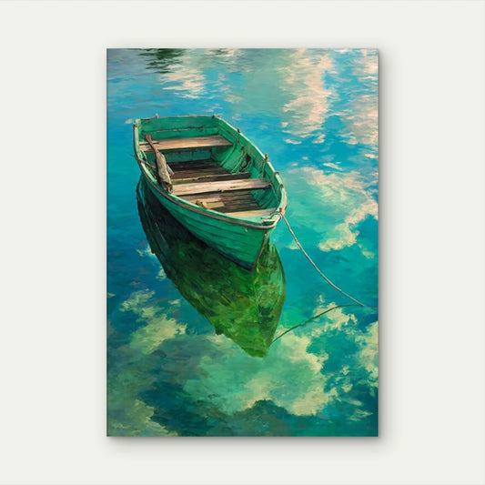 Emerald Escape: Tranquil Green Boat 60x90cm Metal Print Ready to Hang