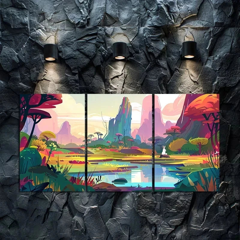 3pcs Colorful Cartoon Style Landscape Metal Print Ready to Hang Art - Bella Home Decor