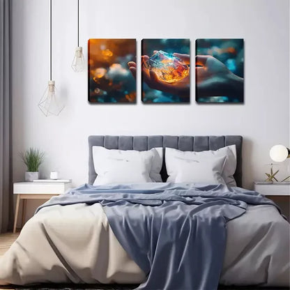 3pcs Hand Holding Gemstone Design, Rustic Wall Art Set Canvas Framed 60x90cm - High Quality Print 100% Australian Made Wall Canvas Ready to Hang - Bella Home Decor