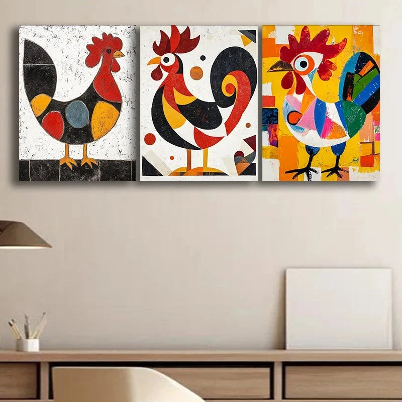 3pcs Abstract Rooster Colourful Metal Print Ready to Hang Art - Bella Home Decor